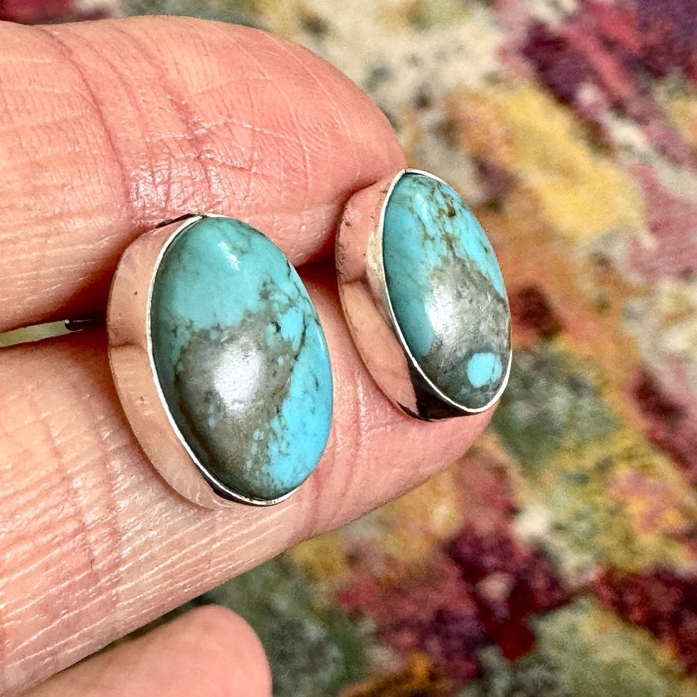 Navajo Turquoise Stud Earrings Sterling Silver 925 Post 11 x 14mm Signed Native - Picture 3 of 6